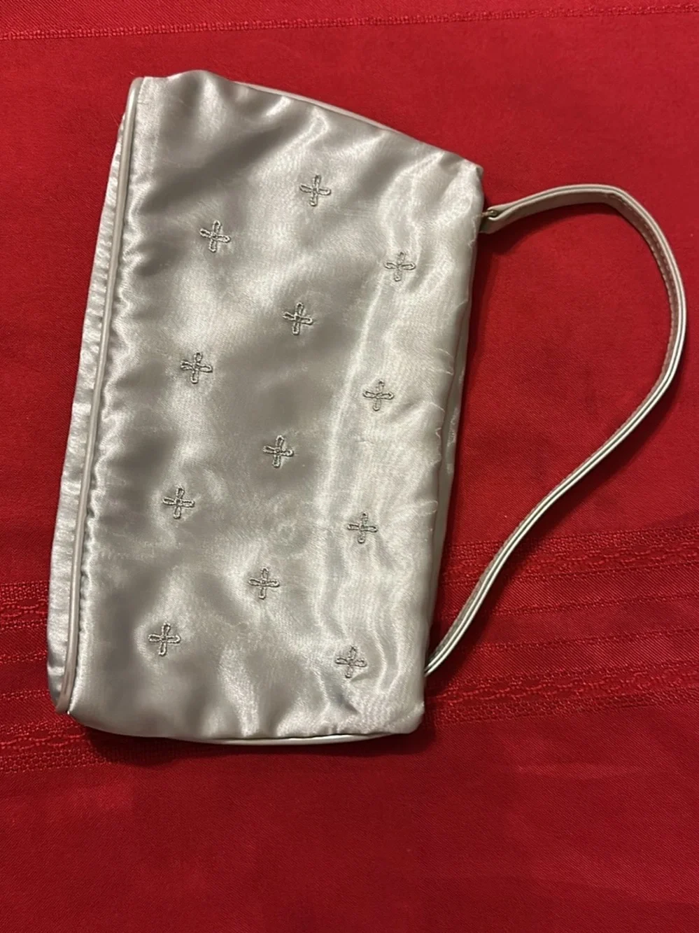 Elegant Silver Satin Embroidered Wristlet Clutch - Women's Evening Bag.